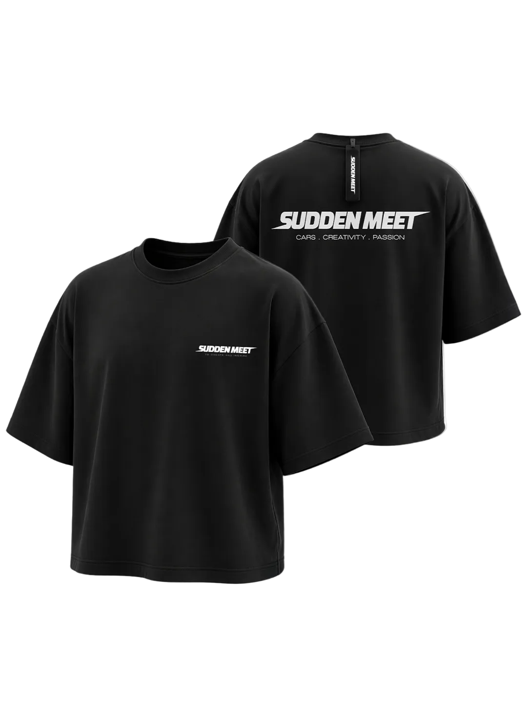 Black t-shirt with 'Sudden Meet' logo on front and back against a white background