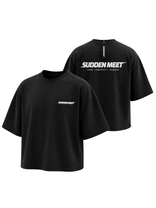 Black t-shirt with 'Sudden Meet' logo on front and back against a white background