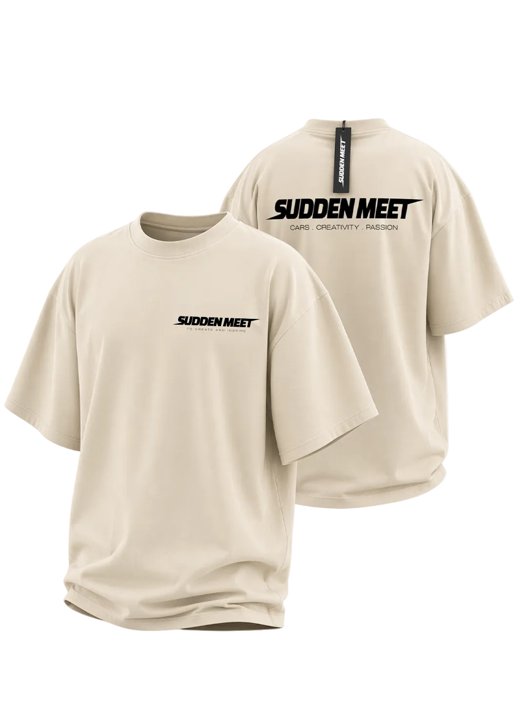 Beige t-shirt with 'Sudden Meet' branding on a white background