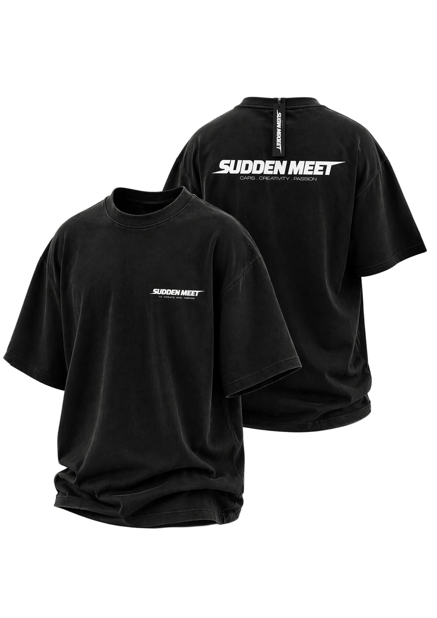 Black t-shirt with 'Sudden Meet' logo on a white background
