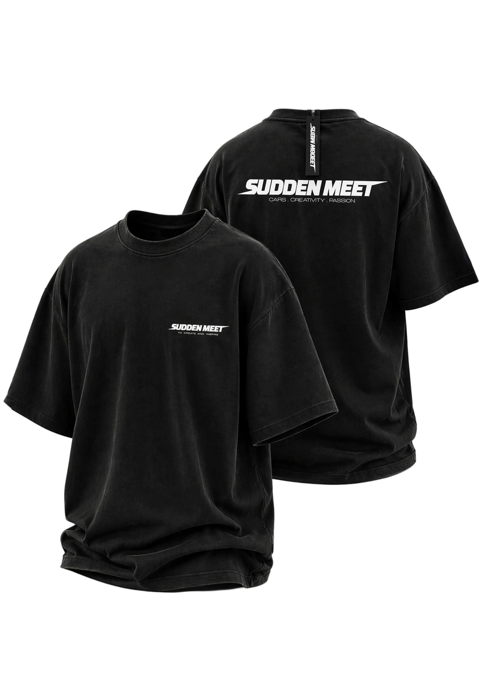 Black t-shirt with 'Sudden Meet' logo on a white background