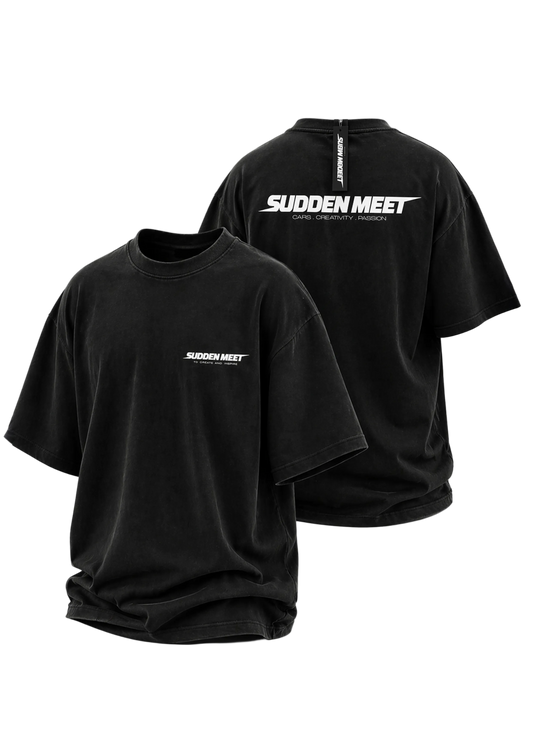 Black t-shirt with 'Sudden Meet' logo on a white background